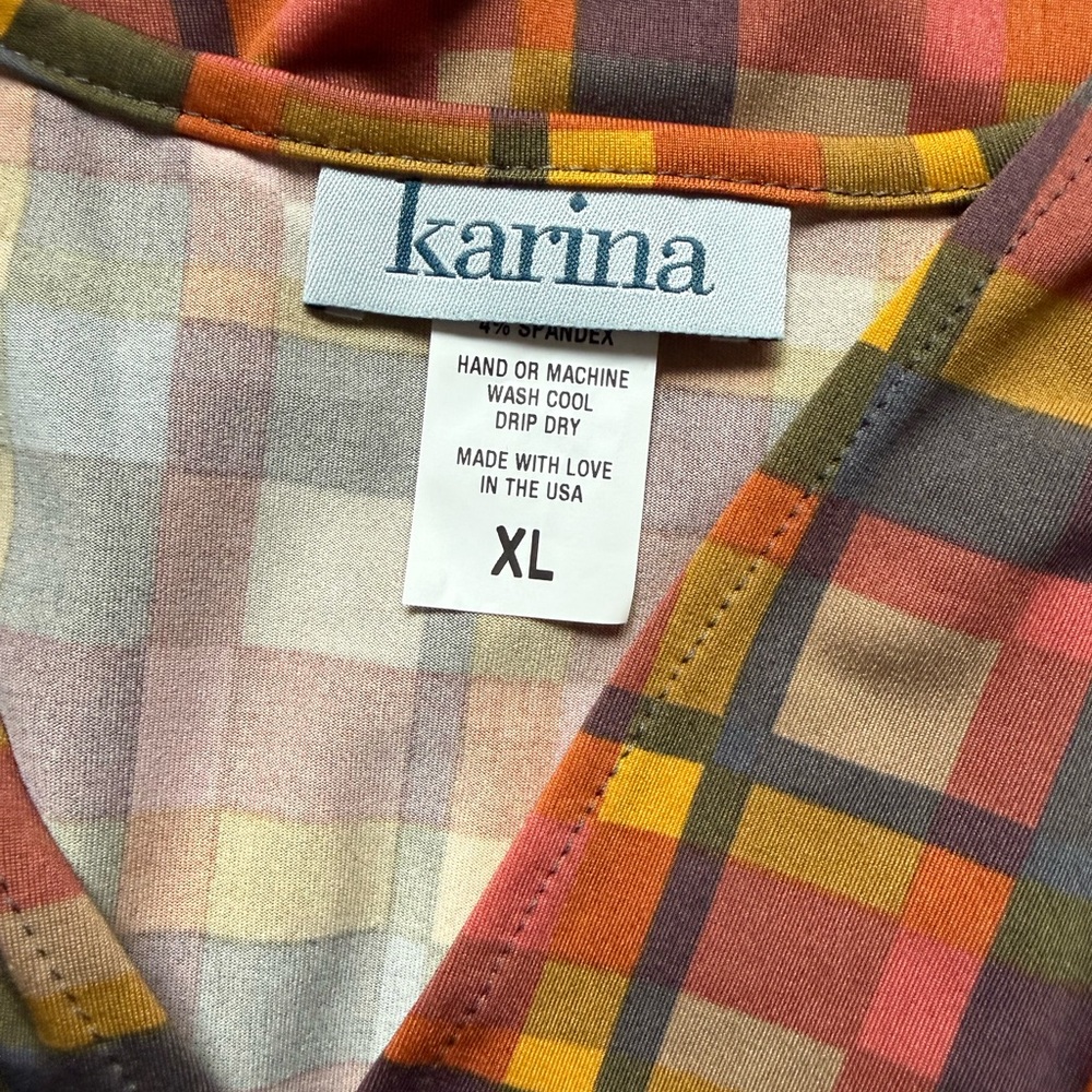 Karina Plaid Faux Wrap Dress Fall Colors Stretch Travel Dress M - Picture 4 of 12